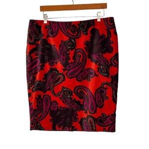 Talbots Red Paisley Print Velvet Pencil Skirt Size 14 Career Office Work Wear